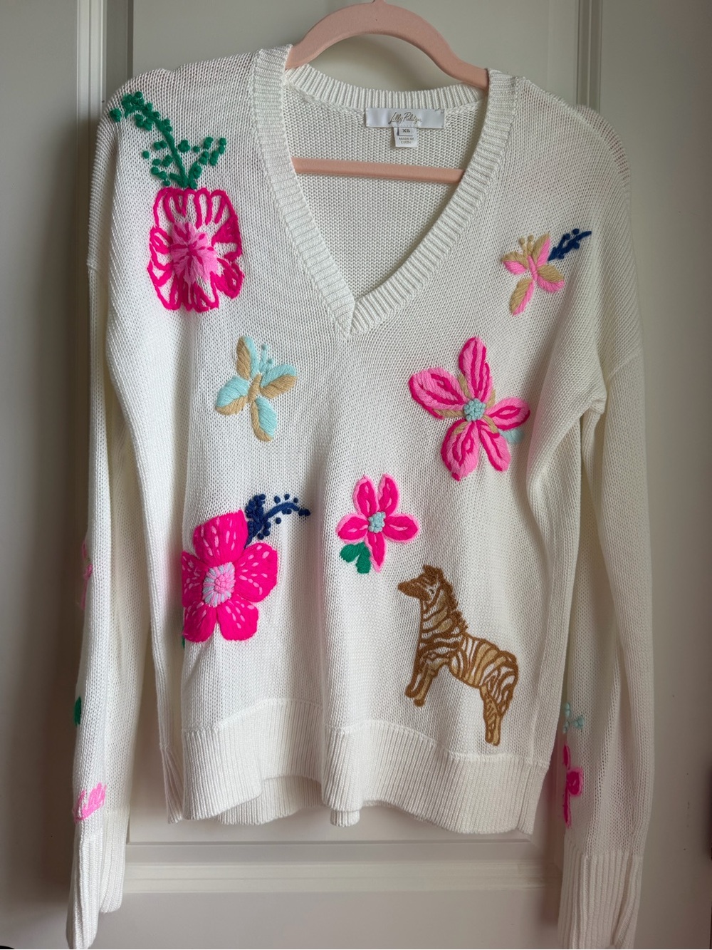 Lilly Pulitzer Cream V-Neck Sweater with Pink, Green & Gold Embroidery